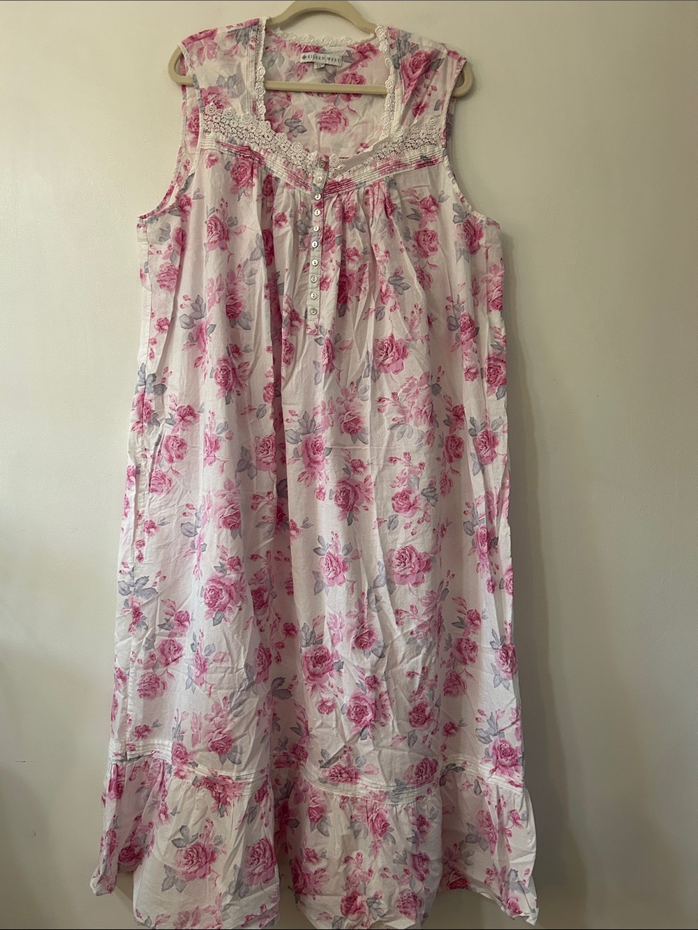 Eileen West Pink Floral Sleeveless Nightgown Size 2X Cottagecore Lace Ruffled